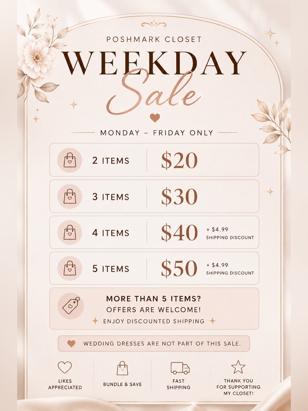 WEEKDAY SALE 2 for $20 3 for $30 4 for $40 5 for $50 - Picture 1 of 1